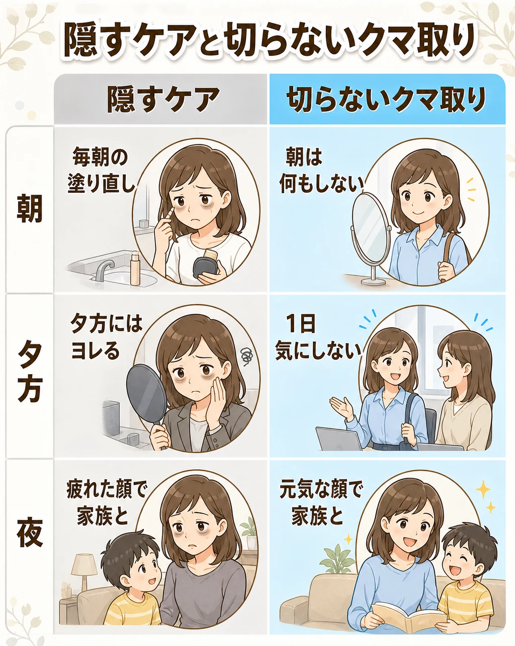 隠すケアと切らないクマ取りを朝・夕方・夜で比べた図